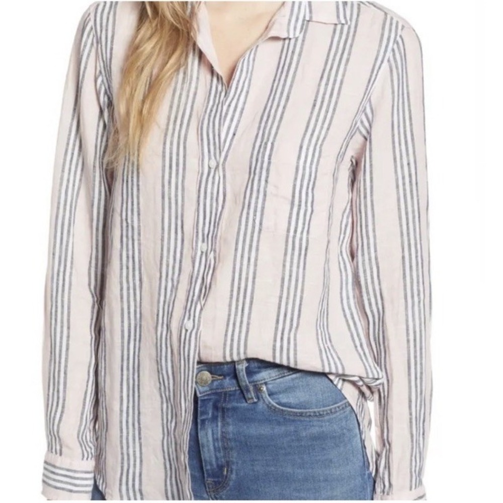 Grayson The Hero Pink Navy Striped 100% Linen Button Up Shirt Size 02